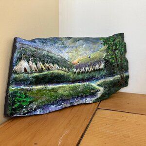 Summer Camp Hand Painted Slate Stone Artwork Signed J Sommers Teepee River